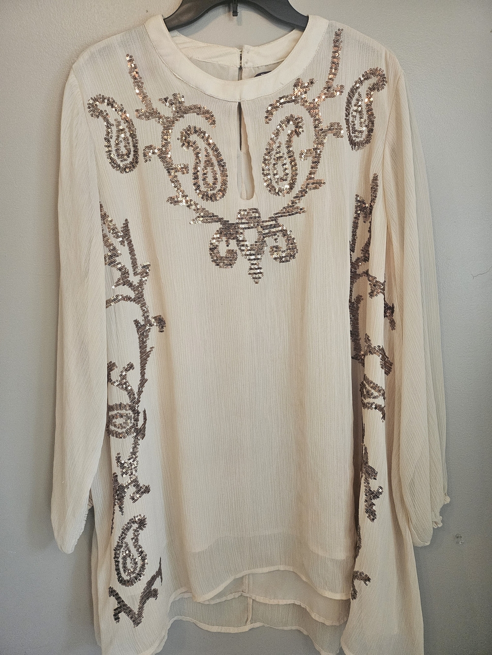 Roaman's Cream Long-Sleeve Tunic with Sequin Paisley Accents